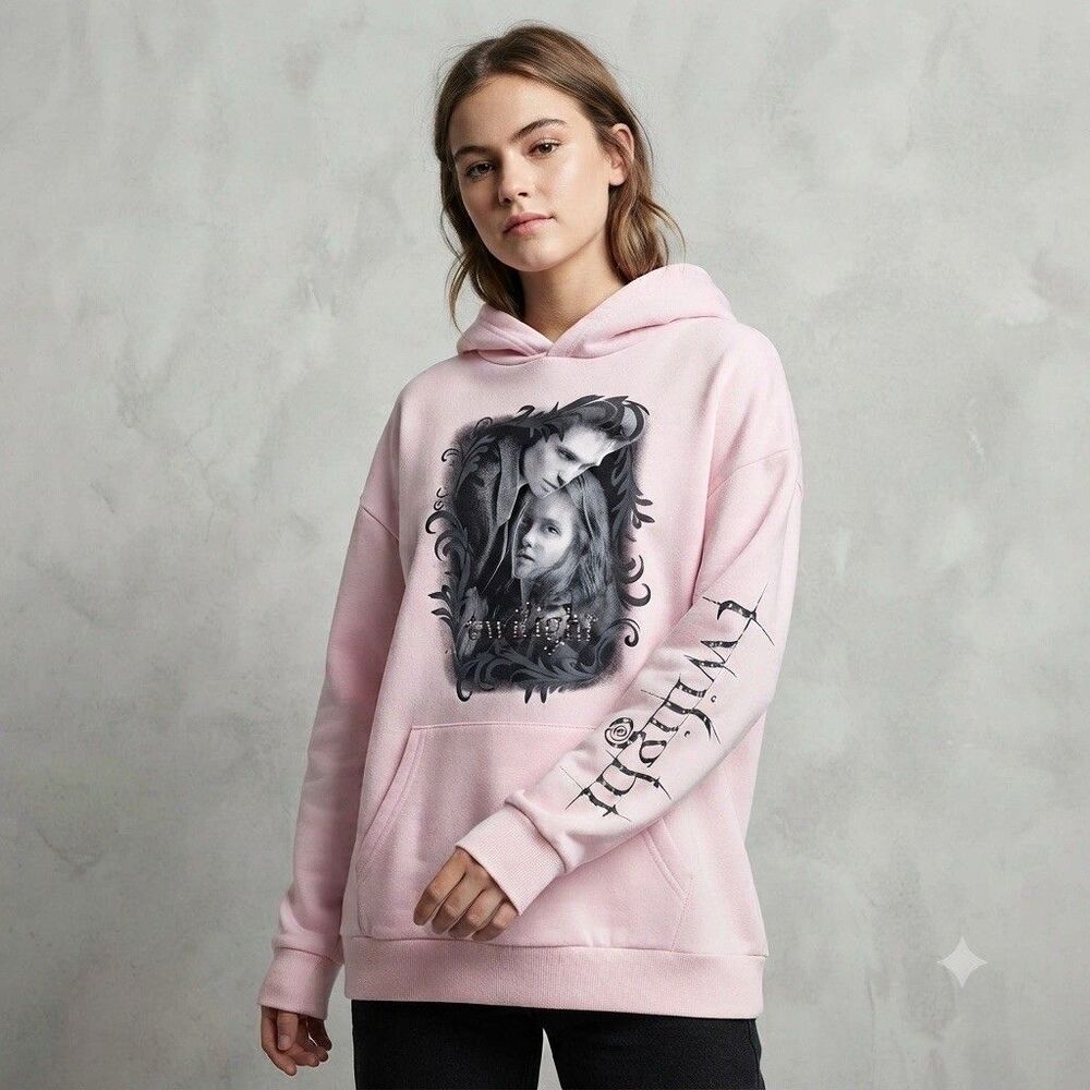 NWT Twilight Saga Pink Hoodie size S Bella Swan Edward Rhinestone Oversized Y2K